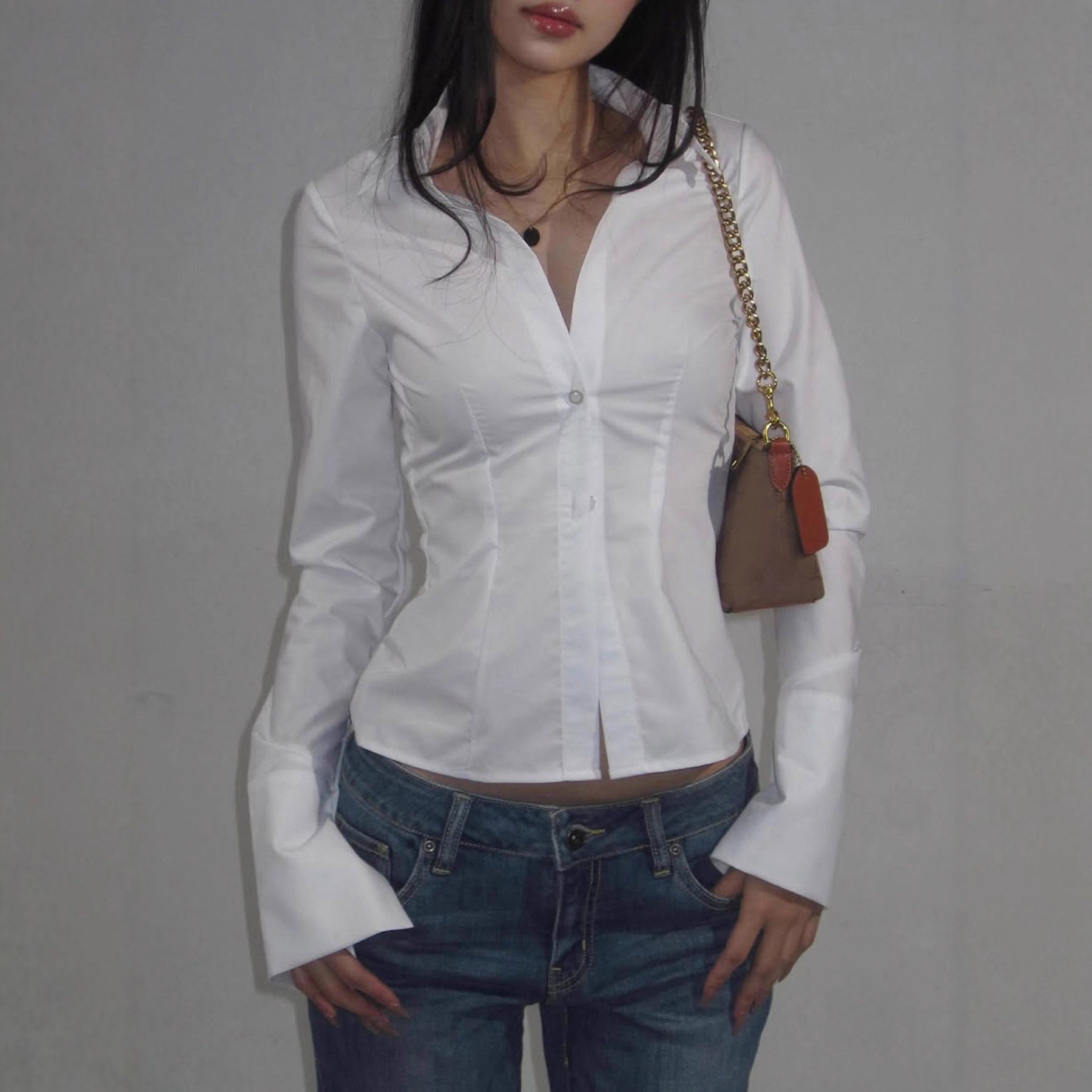 Women's Fashion Simple Slim Fit Lapel Breasted Solid Color Shirt