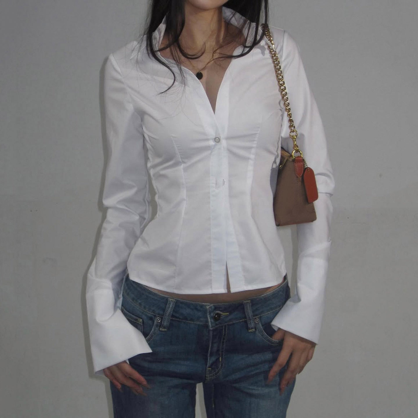 Women's Fashion Simple Slim Fit Lapel Breasted Solid Color Shirt