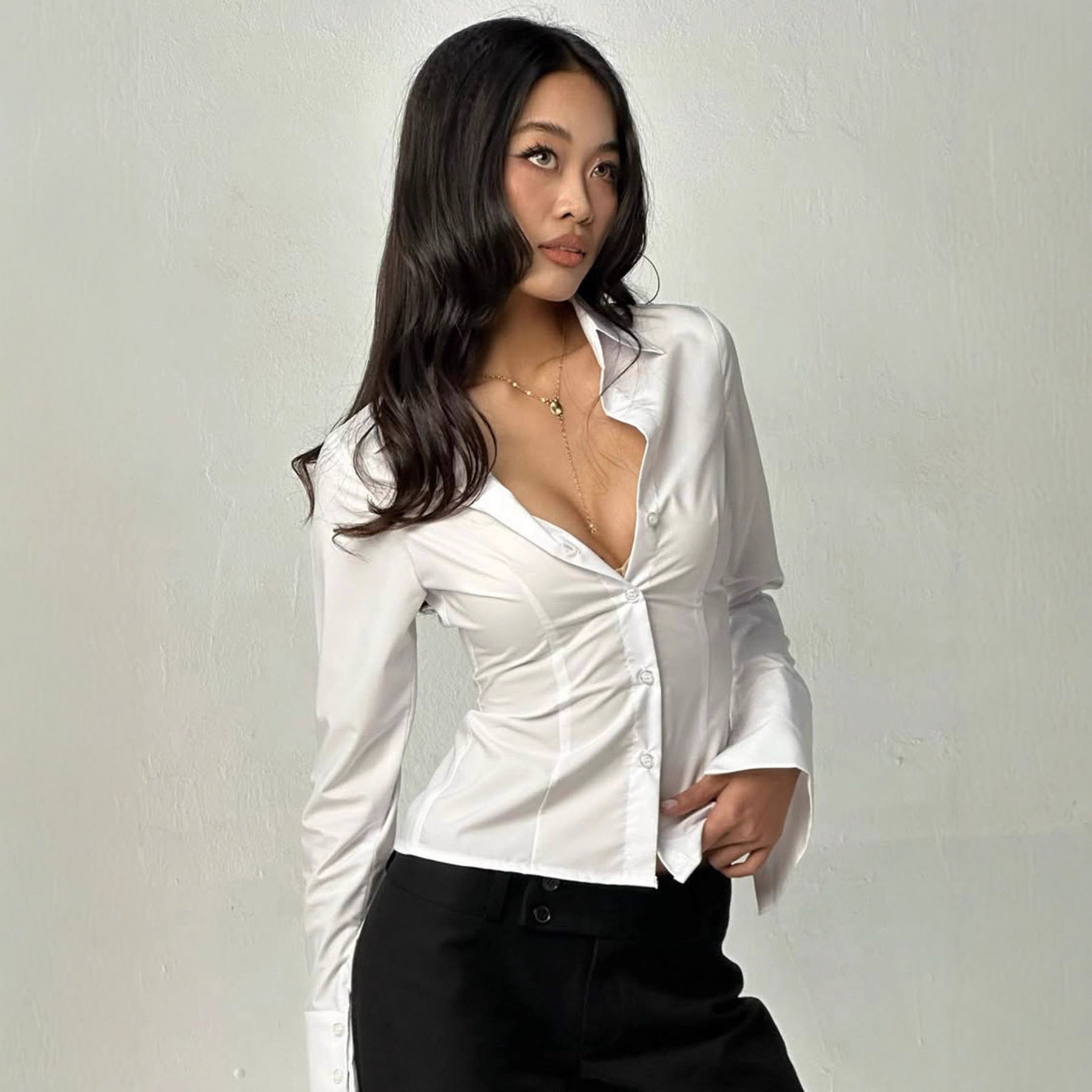 Women's Fashion Simple Slim Fit Lapel Breasted Solid Color Shirt