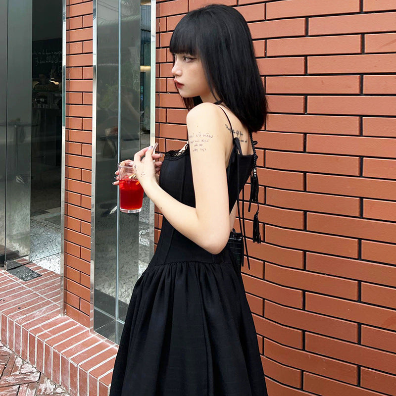 Lace-up Bow Collar Solid Color Graceful Slip Dress Women