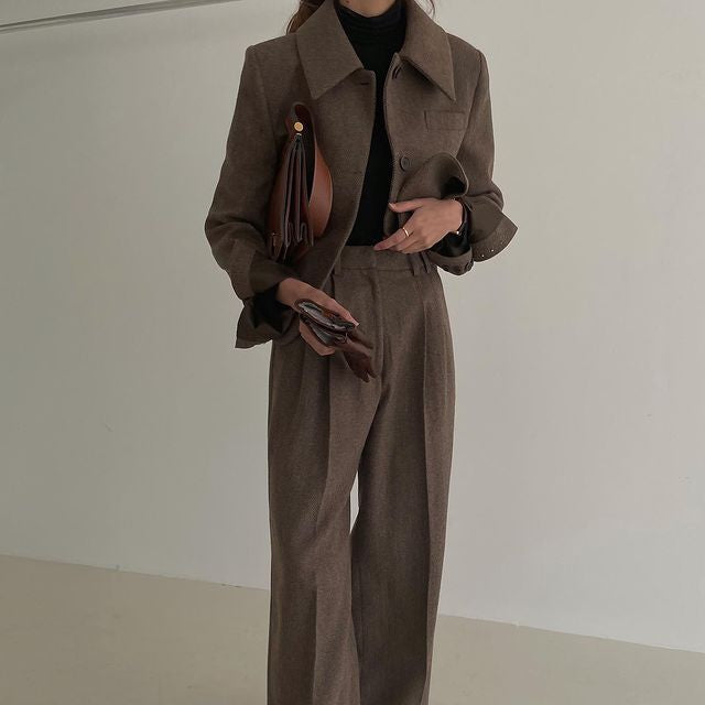 Plaid Woolen Coat High Waist Wide Leg Suit Women