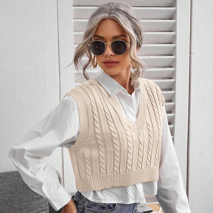 V-neck Knitted Vest Sweater Vest Sleeveless Waistcoat Women's Sweater Twist