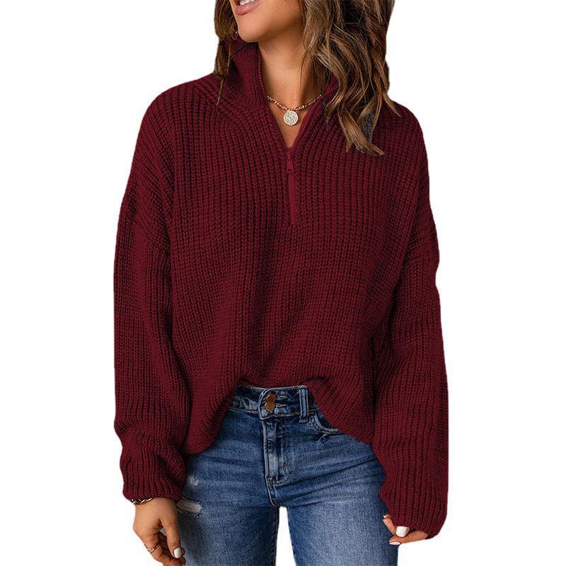 Half Open Collar Solid Color Loose Turtleneck Pullover Sweater