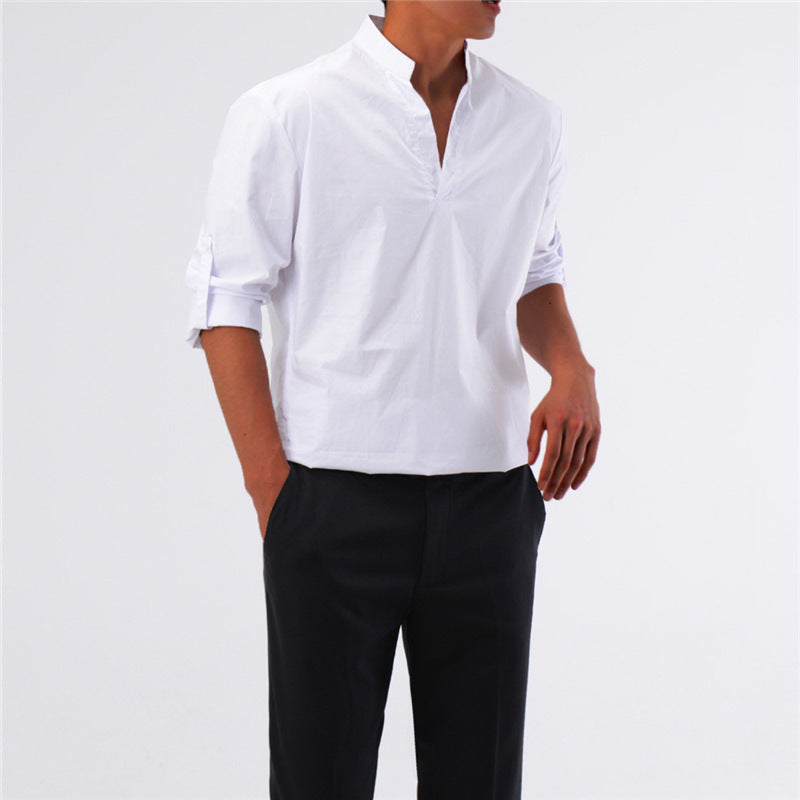 Men's Solid Color Men's Shirts Men's Pullover Stand Collar Long-Sleeved Shirts