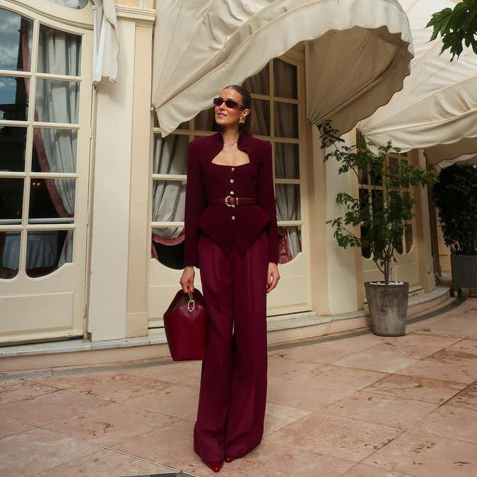 Burgundy Stand Collar Long Sleeve Top