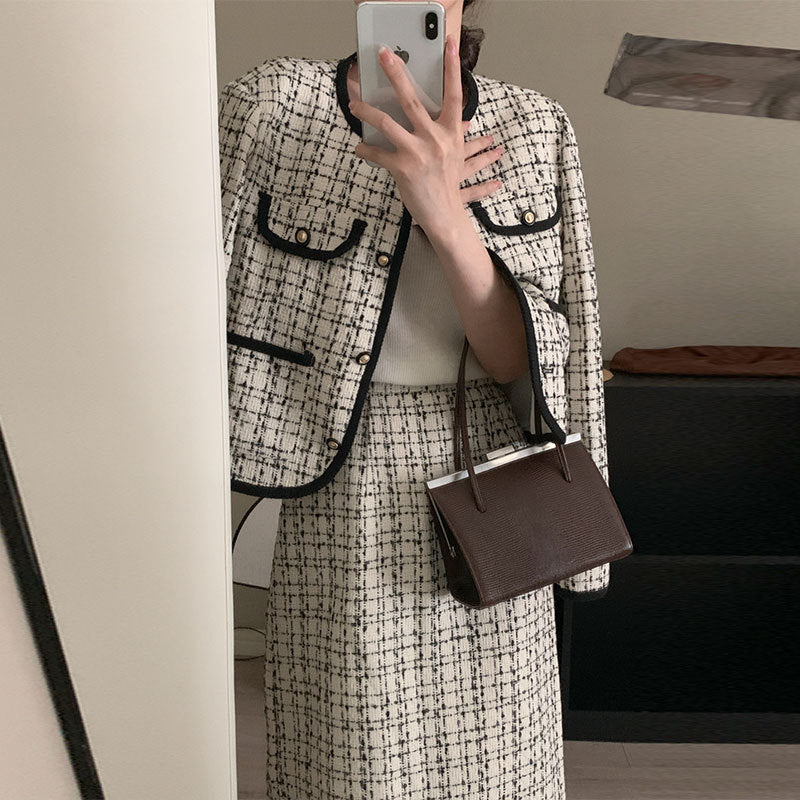 Small Country Style Round Neck Tweed Short Coat High Waist Plaid Skirt Suit