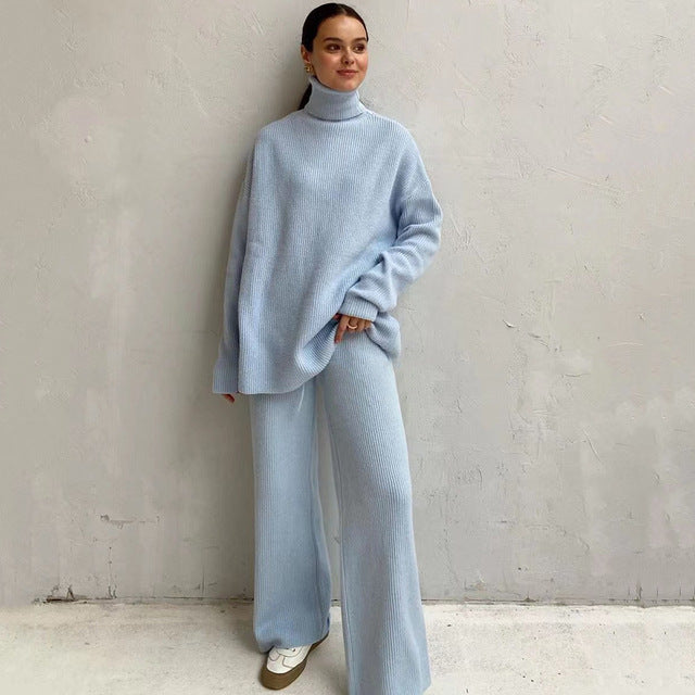 Casual Knitted Two-piece Turtleneck And Wide Leg Pants Women Loose Pullover Sweater Suit