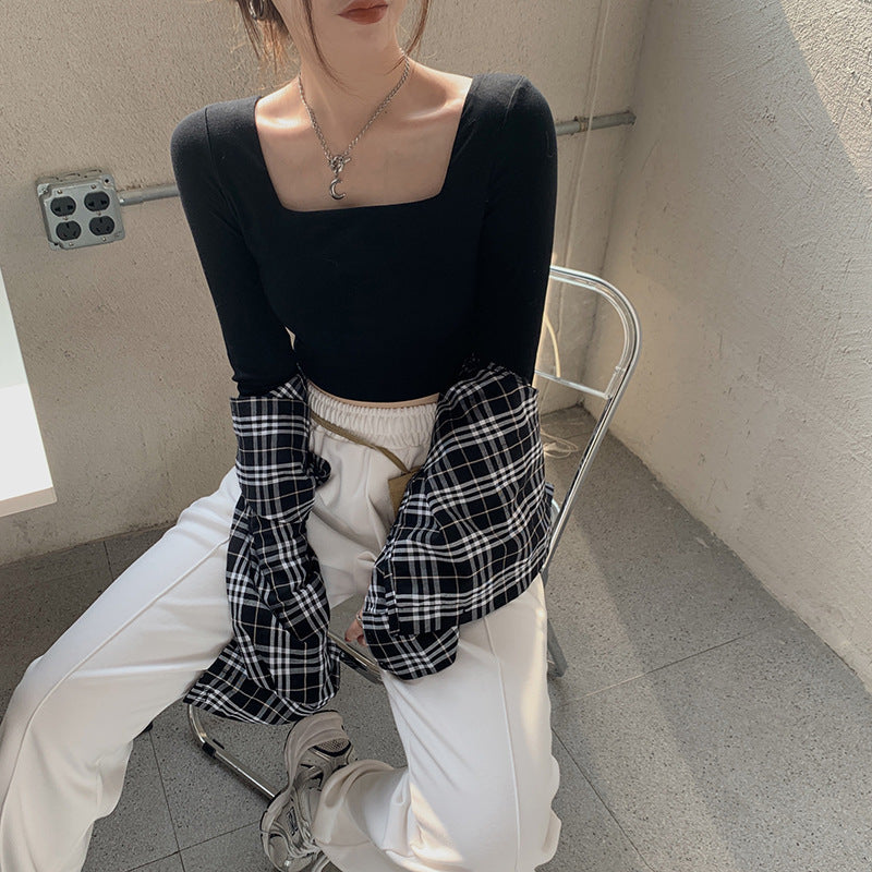 Women's Fashion Slim Fit Square Collar Long-sleeved Bottoming Shirt Top