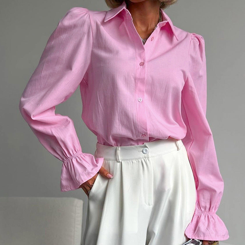 Elegant Design Simple Women's Bell Sleeve Solid Color Shirt