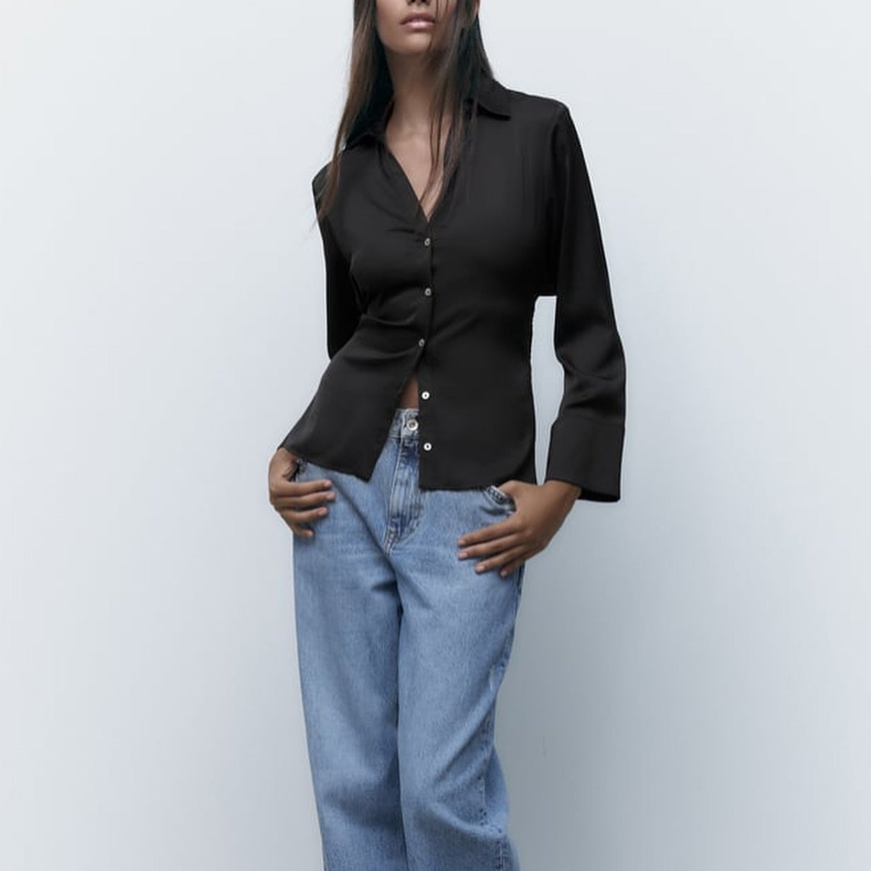 Black Satin Backless Lace-up Shirt