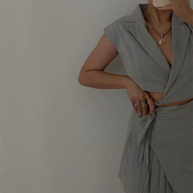 Retro Fried Street Fashion Suit Short Coat Waistcoat High Waist Pleated Skirt