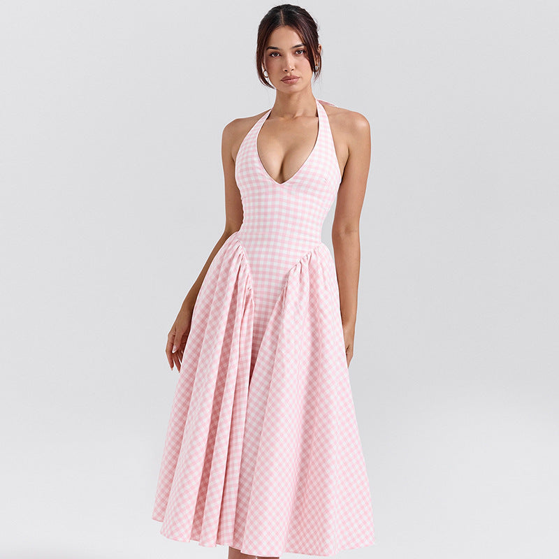 Solid Color Deep V Neck Hollow Out Halter Elegant Flared Hem Dress For Women
