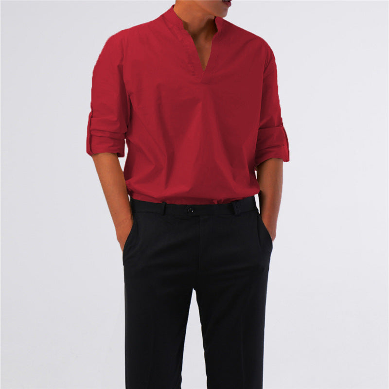 Men's Solid Color Men's Shirts Men's Pullover Stand Collar Long-Sleeved Shirts