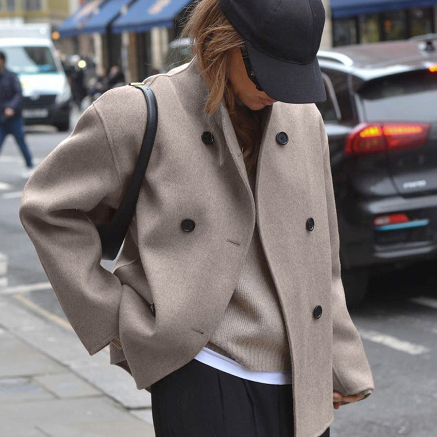 Designed Brown Double-breasted Woolen Coat For Women Winter Thickened Woolen Coat