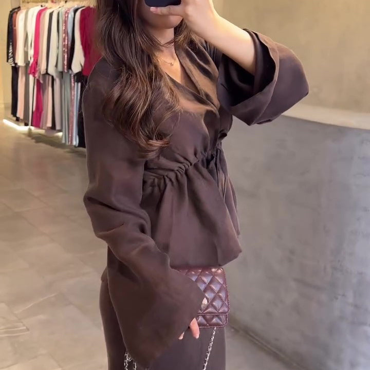 V-neck Long-sleeved Tunic & High-waisted Skirt Set
