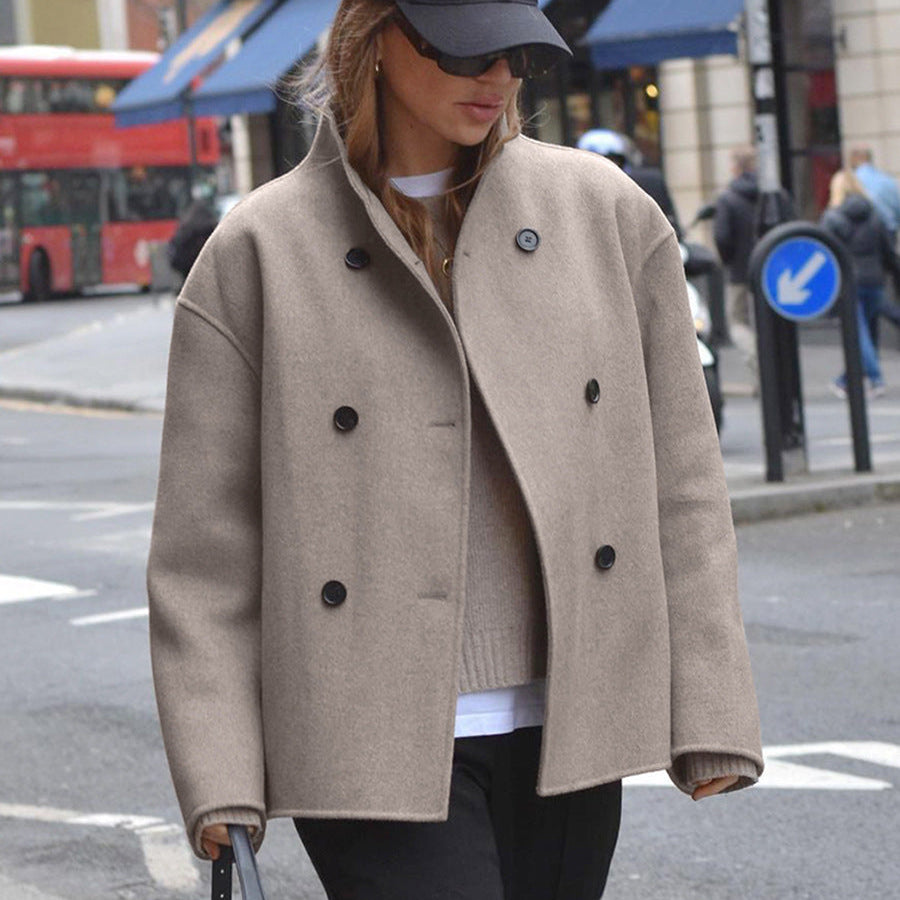 Designed Brown Double-breasted Woolen Coat For Women Winter Thickened Woolen Coat