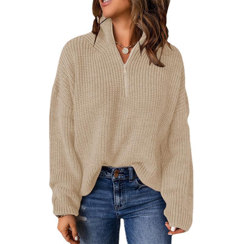 Half Open Collar Solid Color Loose Turtleneck Pullover Sweater