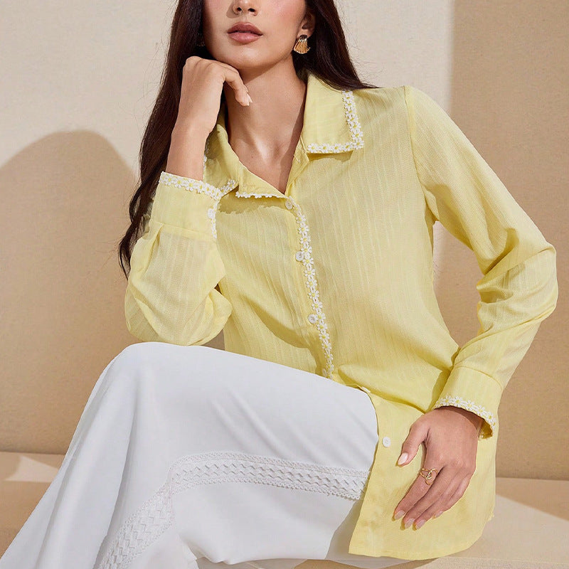 Temperament Lace Long-sleeved Shirt Solid Color Cardigan Top
