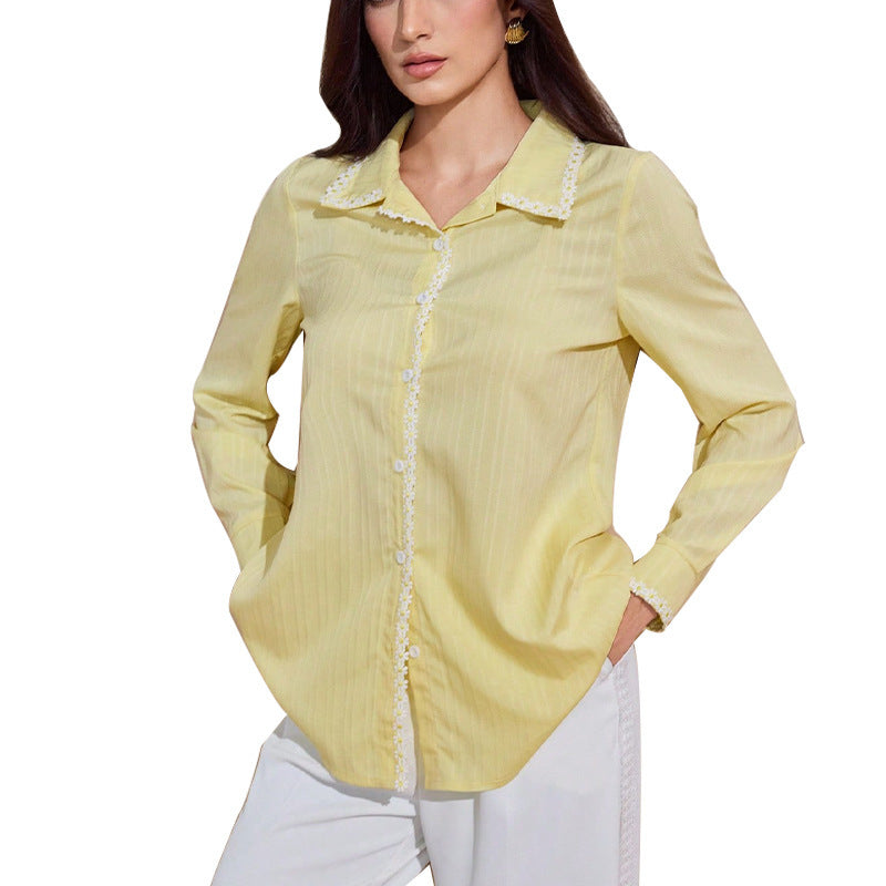 Temperament Lace Long-sleeved Shirt Solid Color Cardigan Top