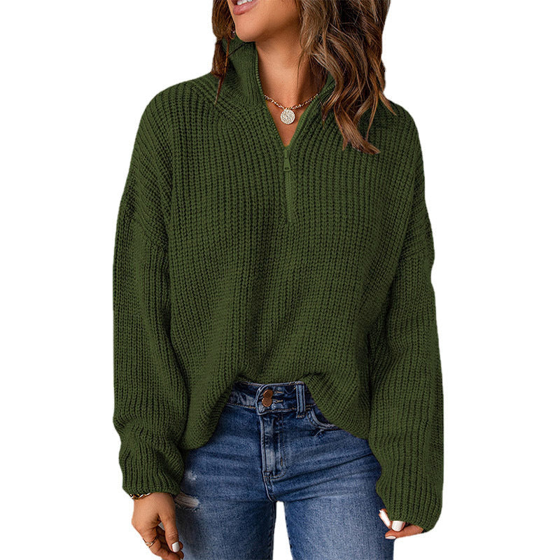 Half Open Collar Solid Color Loose Turtleneck Pullover Sweater