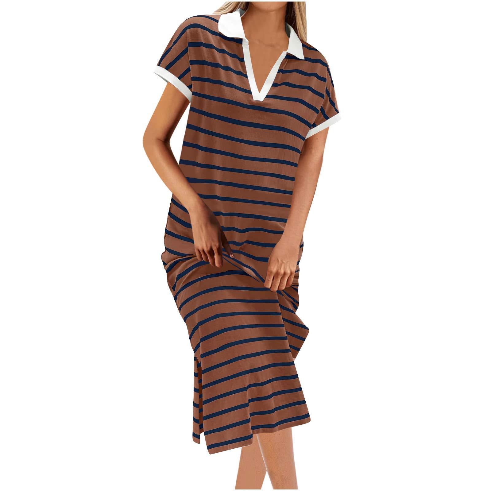 Polo Collar Stripes Short Sleeve Split Long Dress