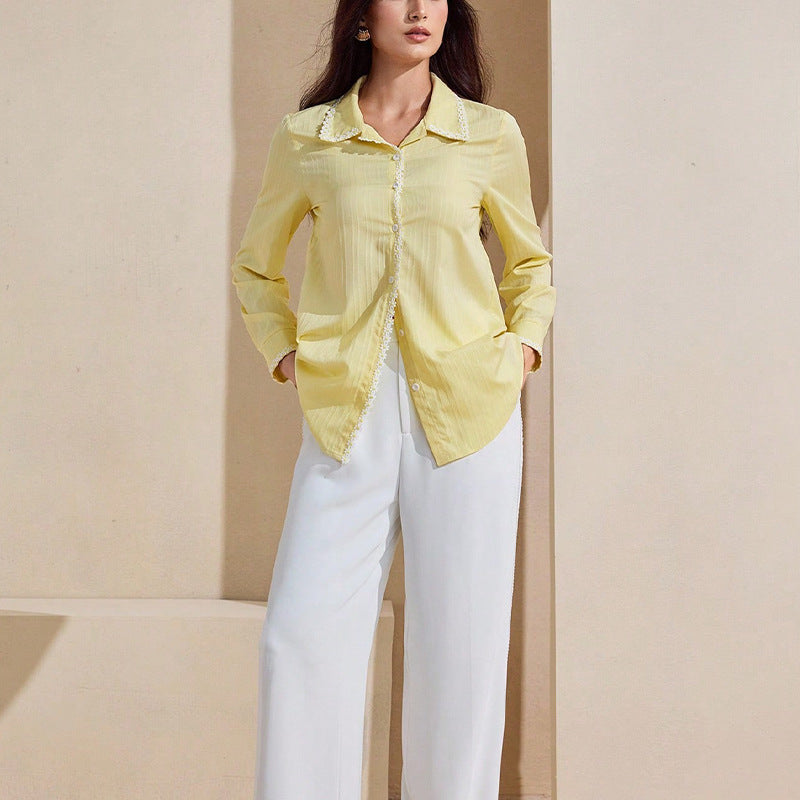 Temperament Lace Long-sleeved Shirt Solid Color Cardigan Top