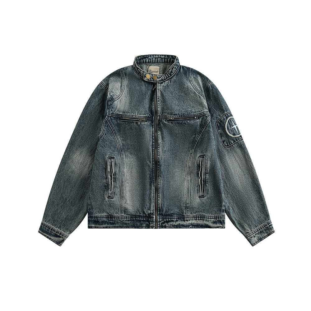 Retro Embroidery Washed Denim Jacket Coat Men