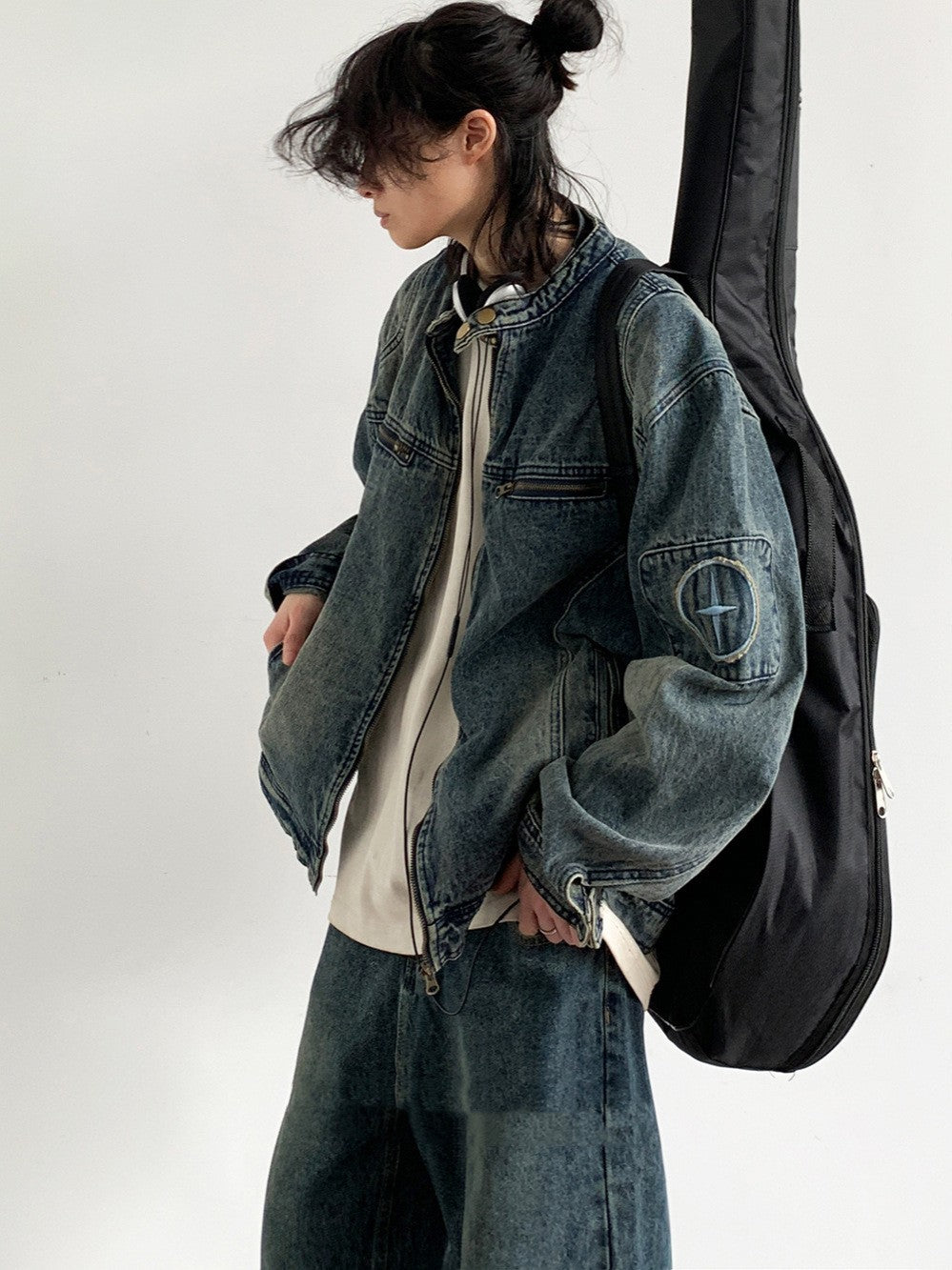 Retro Embroidery Washed Denim Jacket Coat Men