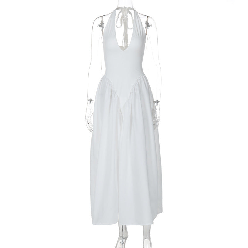 Solid Color Deep V Neck Hollow Out Halter Elegant Flared Hem Dress For Women