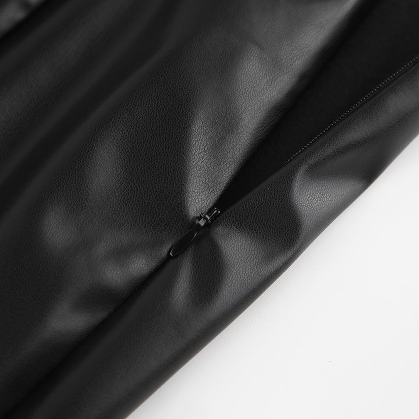 Slit Leather Mid Length Skirt High Waist Skirt