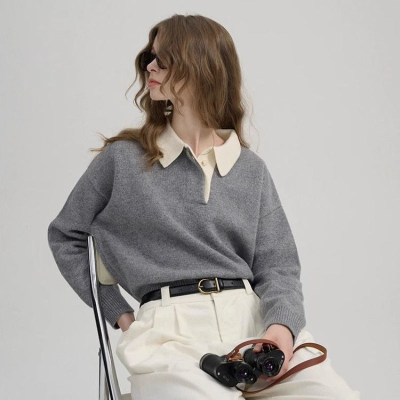 New Contrast Color Polo Collar Pullover Simple Lapel Sweater