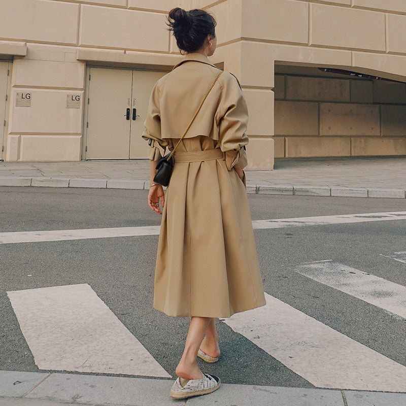 Double Breasted Waist Belt Khaki Loose Coat For Women