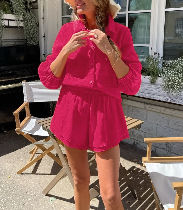 Cotton Linen Women's Long-sleeved Top Ruffle Shorts Two-piece Casual Fashion White Suit