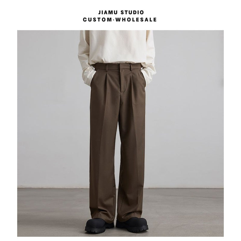 Old Money Style Pleated Neutral Straight Casual Suit Pants