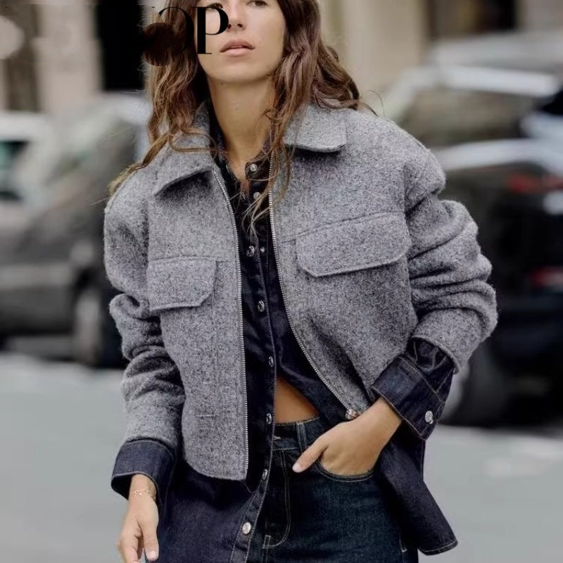 Long Sleeve Lapel Large Pocket Beaded Leather Jacket Woolen Short Coat