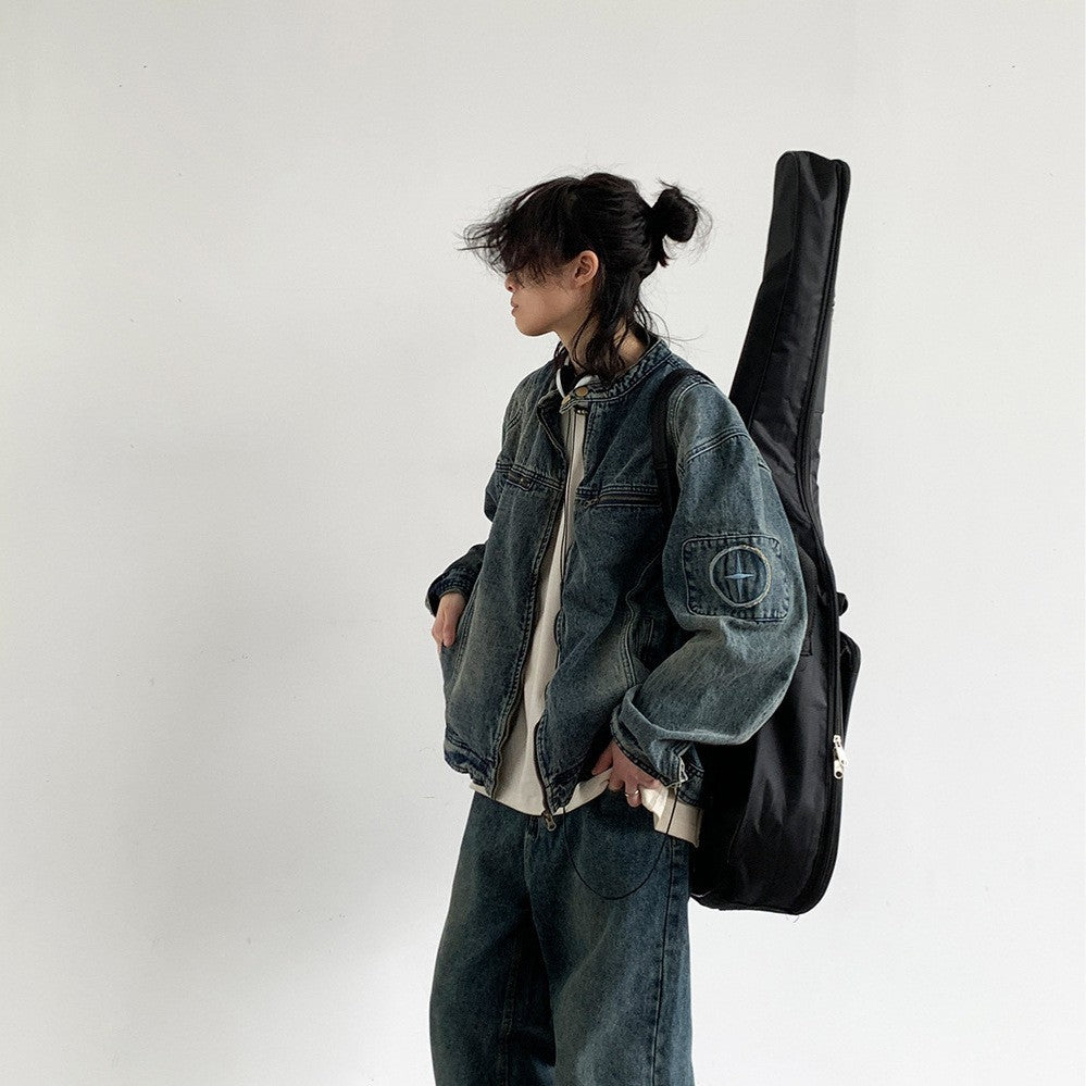 Retro Embroidery Washed Denim Jacket Coat Men