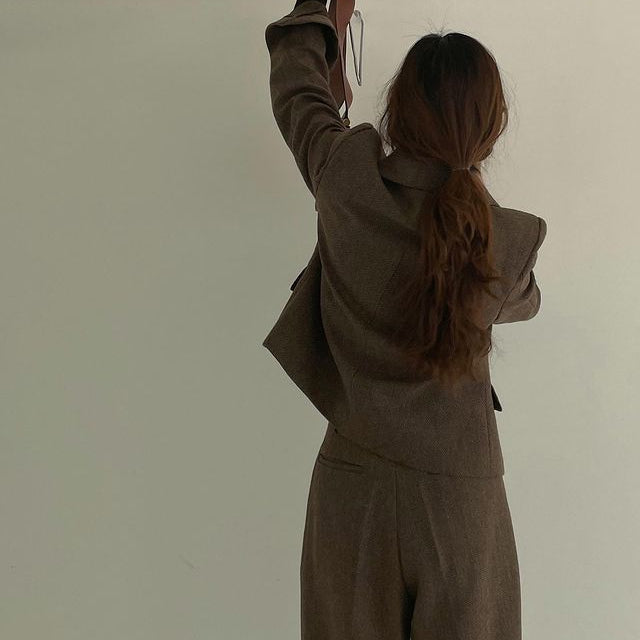 Plaid Woolen Coat High Waist Wide Leg Suit Women