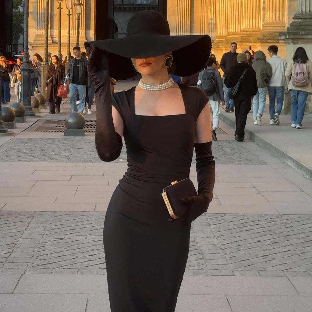 Black Square Neck Hip Wrap Dress With Gloves