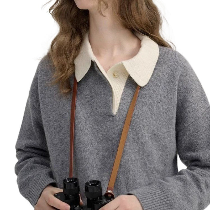New Contrast Color Polo Collar Pullover Simple Lapel Sweater