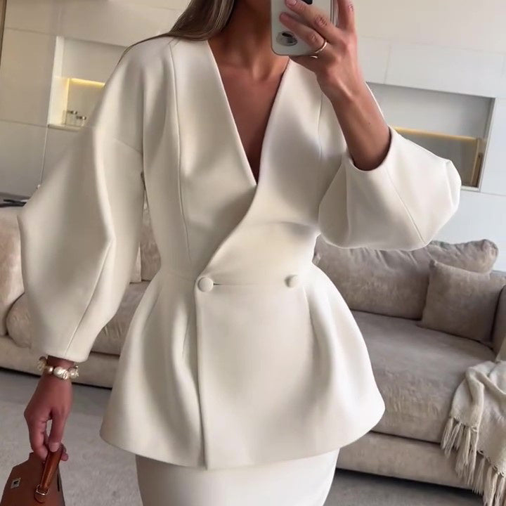 Ruffled V-neck Coat & Long Skirt Suit