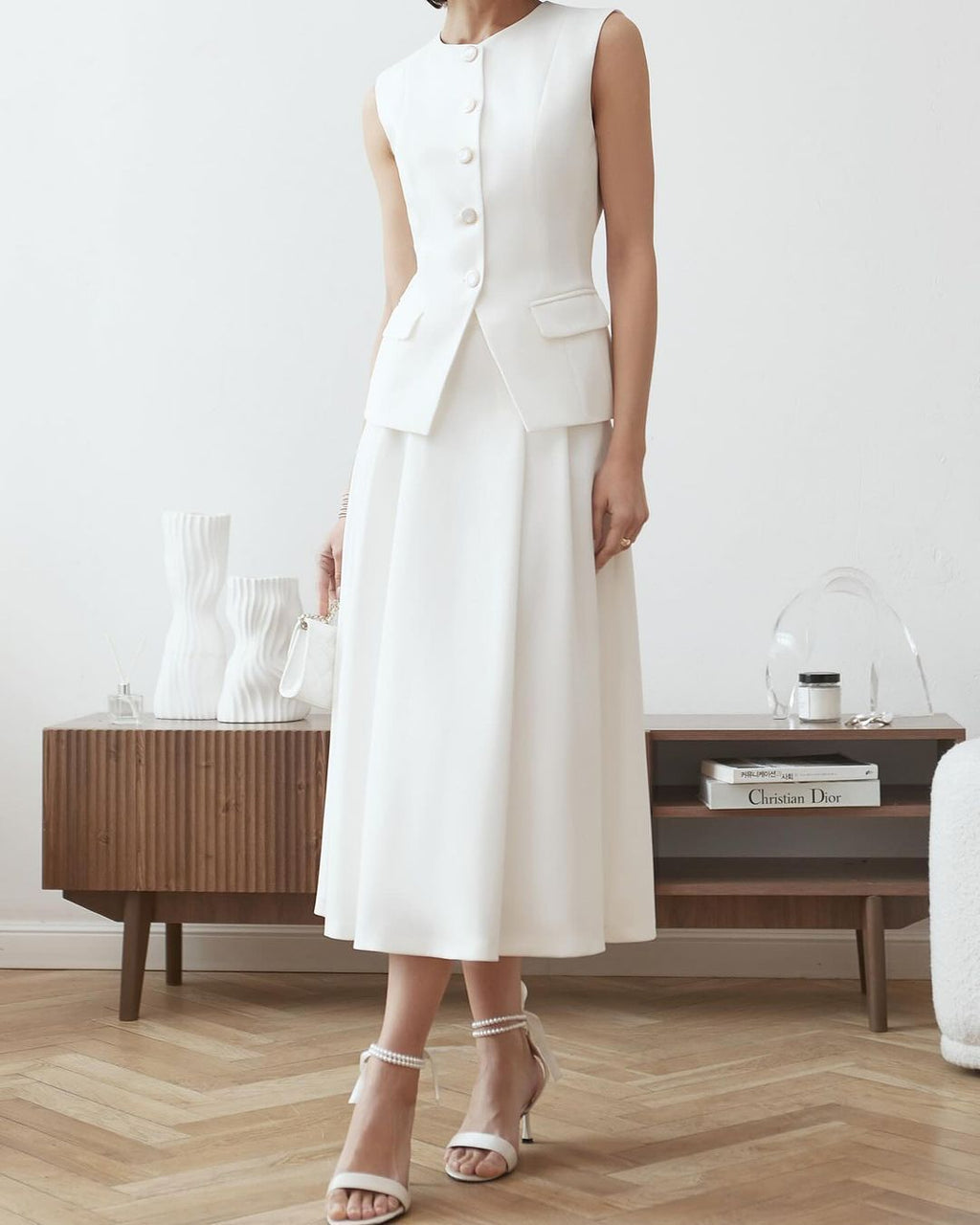 Button Sleeveless Suit Vest High Waist Skirt