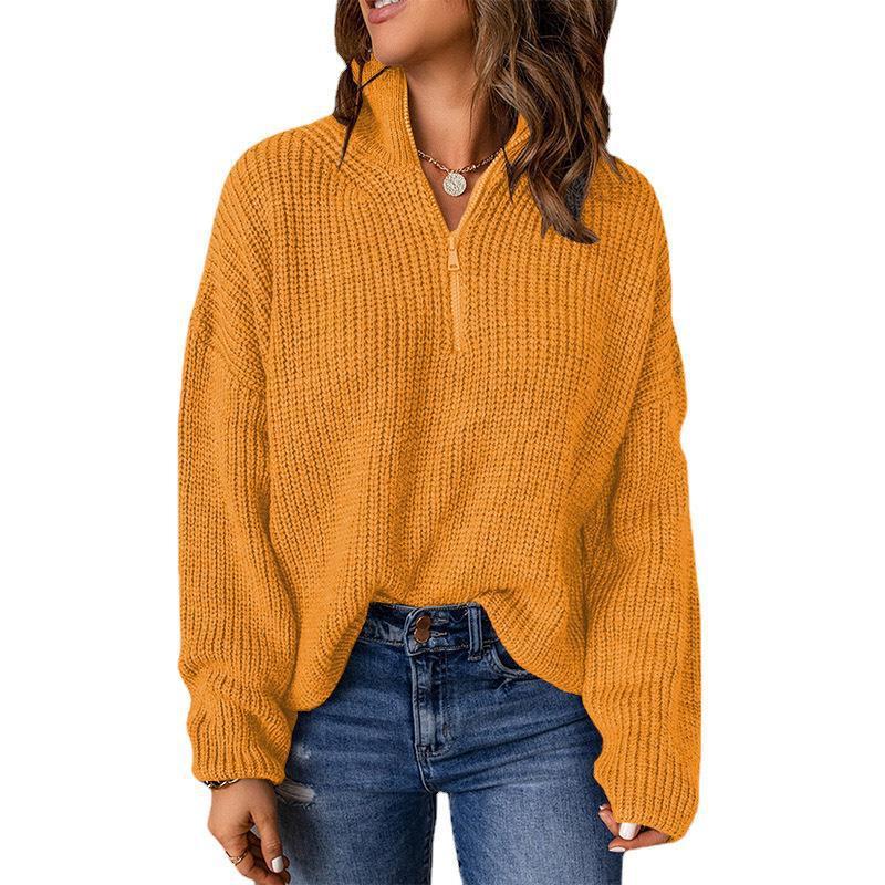 Half Open Collar Solid Color Loose Turtleneck Pullover Sweater