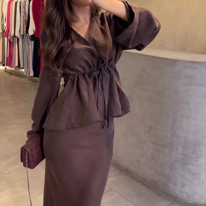 V-neck Long-sleeved Tunic & High-waisted Skirt Set