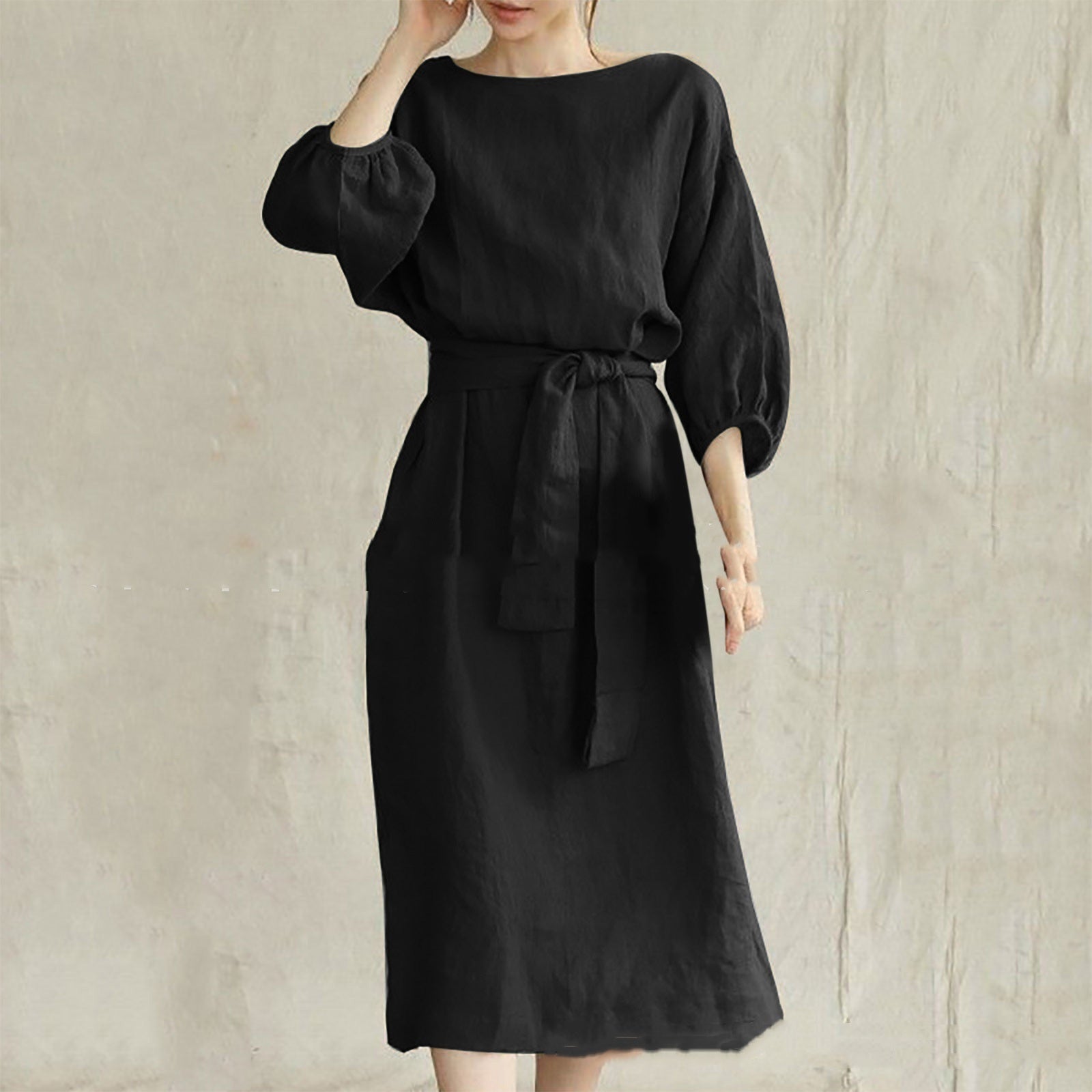 Mid-length High Waist Lace-up Solid Color Round Neck Dress