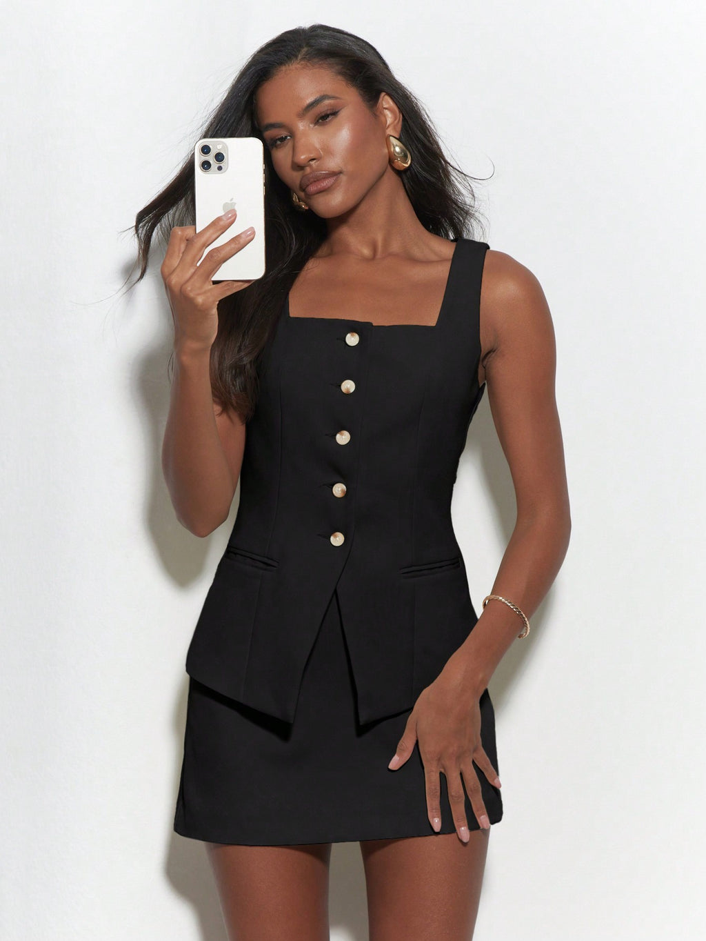 Buttoned Square Neck Sleeveless Vest And Mini Skirt Two Piece Co-Ord Set