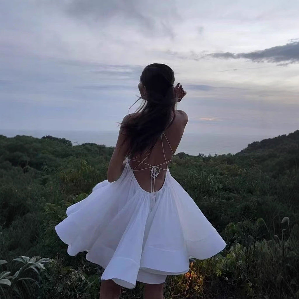 Sexy Sling Deep V-neck Backless Pleated Tulle Tutu Dress