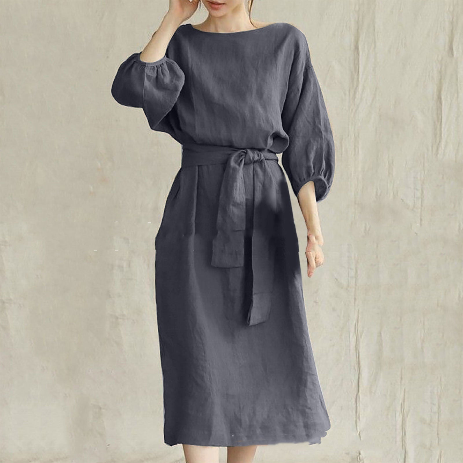 Mid-length High Waist Lace-up Solid Color Round Neck Dress