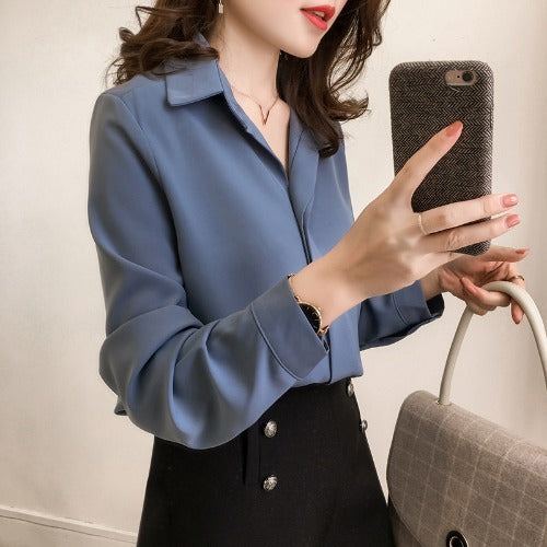 Retro Hong Kong Style Shirt Wear Loose And Thin, All-Match Long-Sleeved Ice Silk Chiffon Shirt
