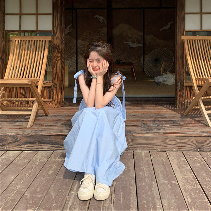 French Gentle Wind Fairy Skirt Lace-up Bow-knot Temperament Suspender Dress