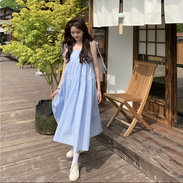 French Gentle Wind Fairy Skirt Lace-up Bow-knot Temperament Suspender Dress